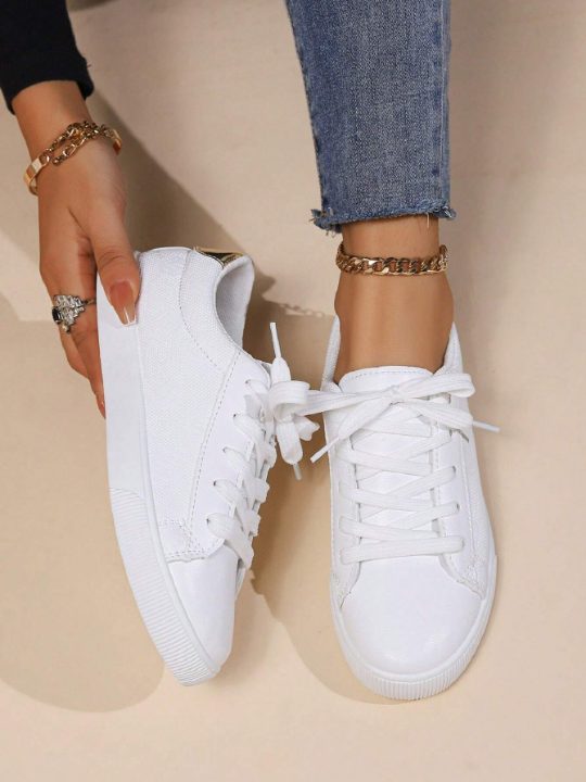 New Spring Fashionable Solid Color Flat Casual Sports Shoes For Women, White, Suitable For Campus Style