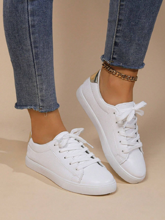 New Spring Fashionable Solid Color Flat Casual Sports Shoes For Women, White, Suitable For Campus Style