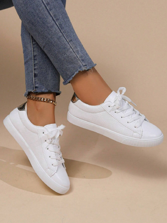 New Spring Fashionable Solid Color Flat Casual Sports Shoes For Women, White, Suitable For Campus Style