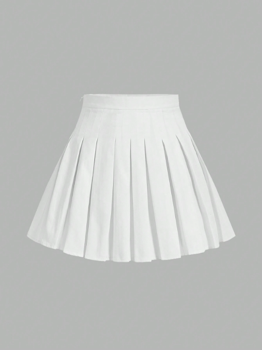 EZwear Solid Color Side Zipper Casual Pleated Skirt