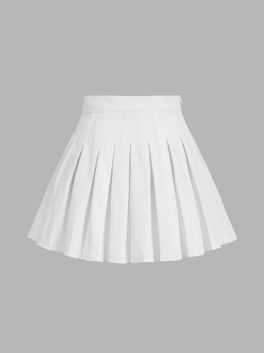 EZwear Solid Color Side Zipper Casual Pleated Skirt