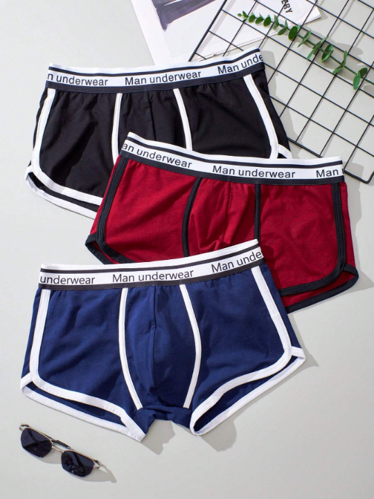 Men 3pcs Letter Graphic Contrast Binding Boxer Brief