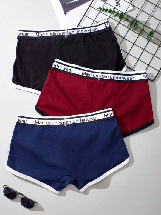 Men 3pcs Letter Graphic Contrast Binding Boxer Brief