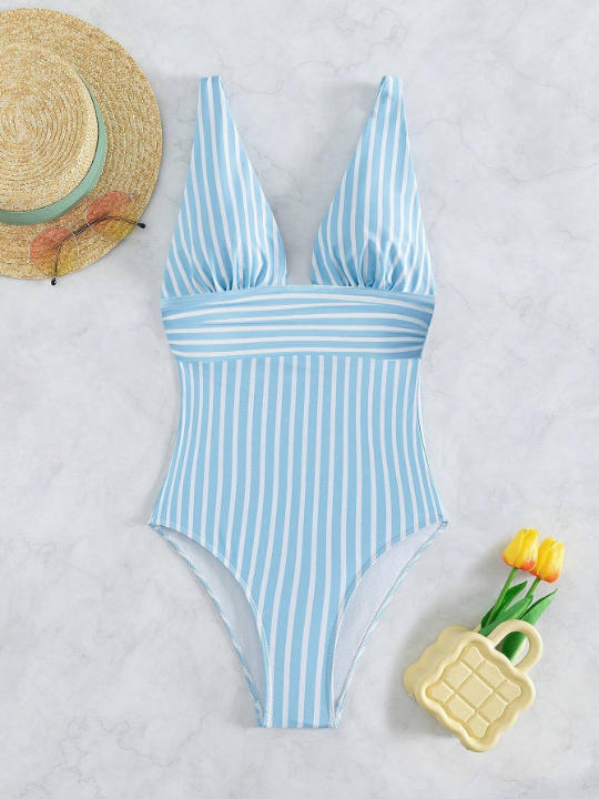 Striped Plunging One-Piece Swimsuit