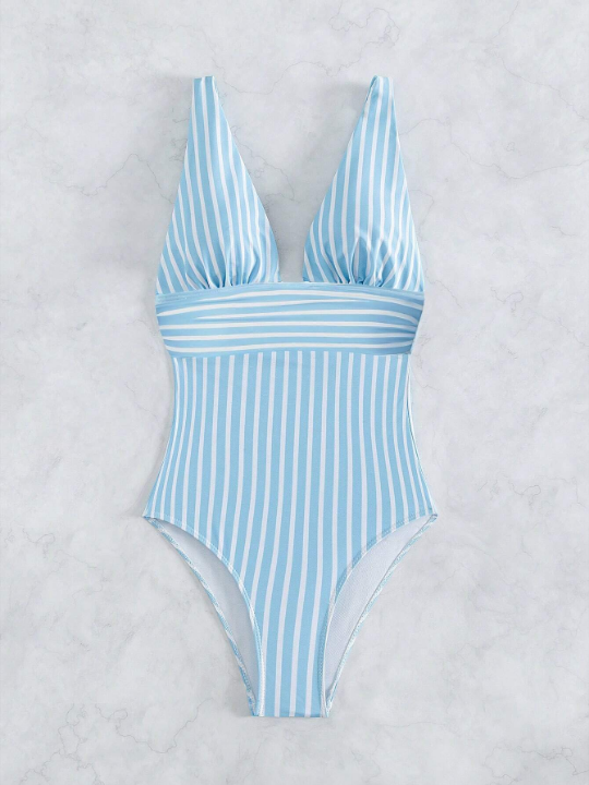 Striped Plunging One-Piece Swimsuit