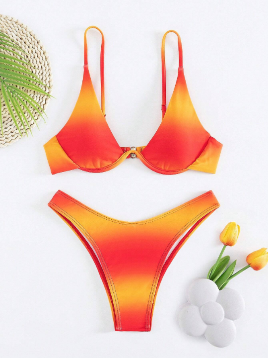 Women's Gradient Sporty Bikini Swimsuit With Underwire And Thin Straps