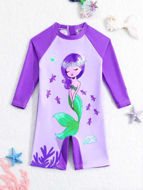 Baby Girl Cartoon Mermaid Pattern Short Sleeve One-Piece Swimwear