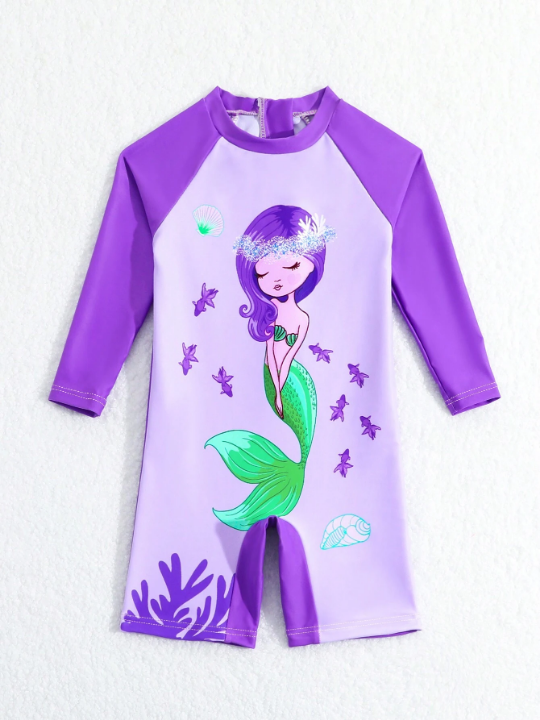 Baby Girl Cartoon Mermaid Pattern Short Sleeve One-Piece Swimwear