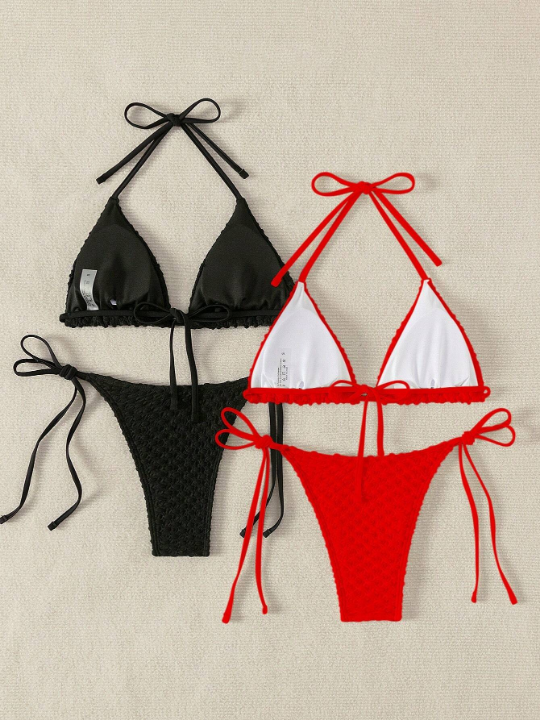 Swim Basics Solid Color Textured Halter Neck Bikini Set With Separated Swimsuit