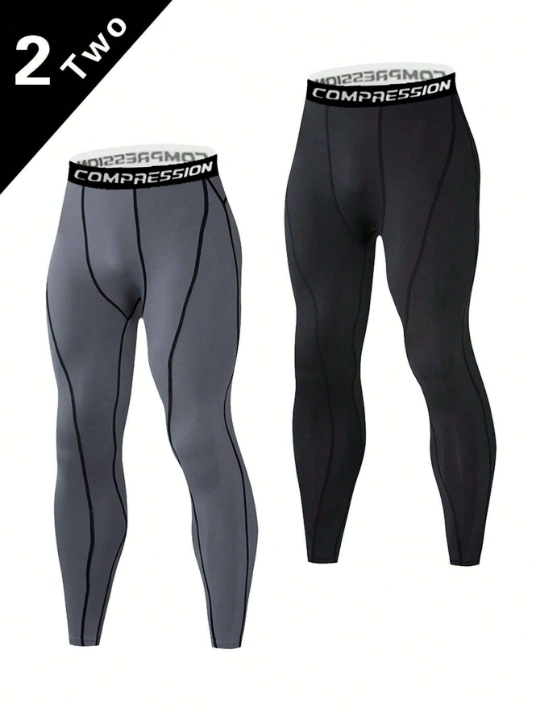 2pcs Men's Quick-Drying Letter Printed Elastic Sports Leggings With Sweat-Wicking Technology