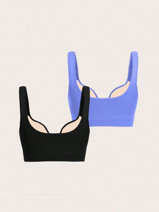 Yoga Basic 2pcs Solid Color Hollow Out Neck Sports Bra