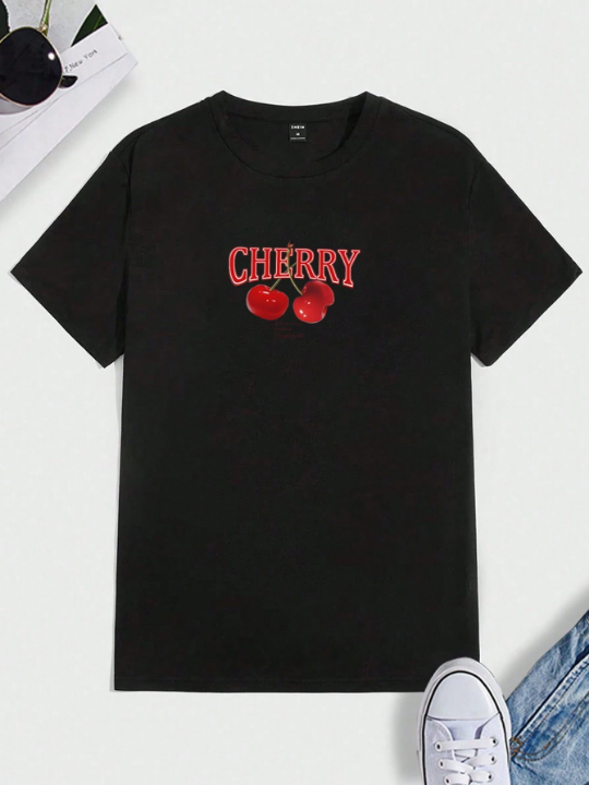 Manfinity Hypemode Men's Cherry Letter Print Crewneck Short Sleeve T-Shirt