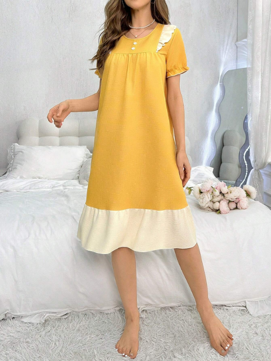 Ladies' Short Sleeve Sleep Dress With Ruffle Hem And Patchwork Design