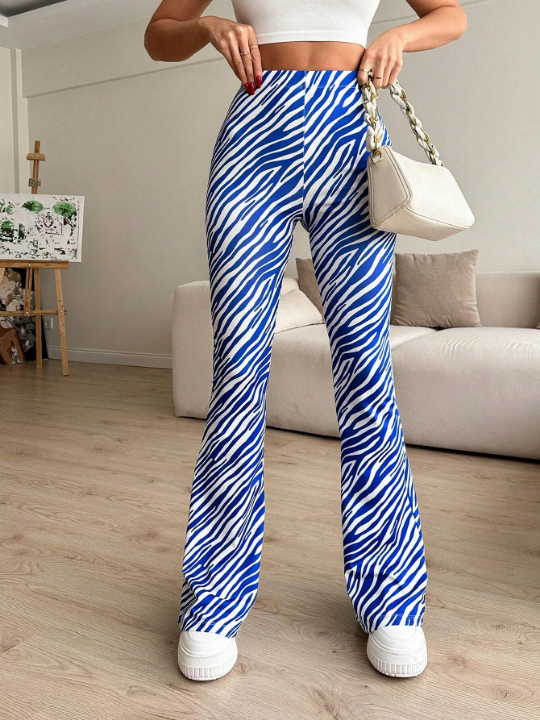 Zebra Pattern High Waisted Elastic Bell Bottom Pants