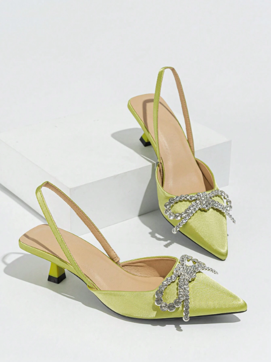 Women's Bowknot & Rhinestone Decor Slip-On High Heels With Open Toe, Elegant For Party & Gathering In Spring/Summer, Satin Green