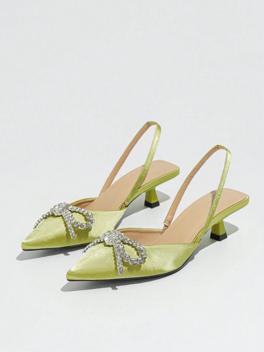 Women's Bowknot & Rhinestone Decor Slip-On High Heels With Open Toe, Elegant For Party & Gathering In Spring/Summer, Satin Green