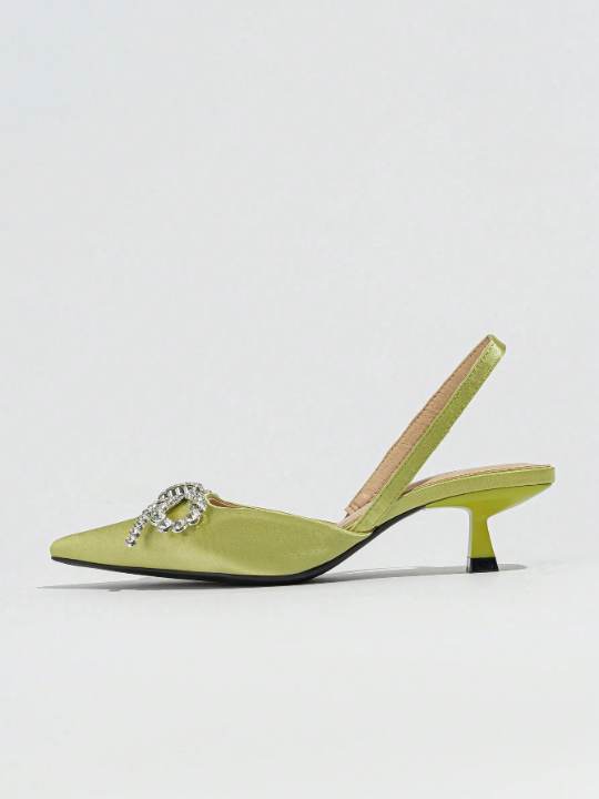 Women's Bowknot & Rhinestone Decor Slip-On High Heels With Open Toe, Elegant For Party & Gathering In Spring/Summer, Satin Green