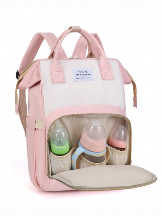 1pc Color Block Small Oxford Cloth & Upgraded Fabric Decorated Bottle Bag, Portable & High Capacity Zipper Closure, Suitable For Moms' Daily Use With Baby