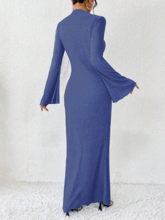 Priv Solid Color Flared Sleeve Fish Tail Dress