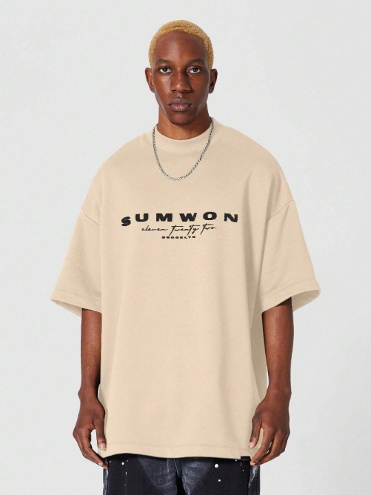 SUMWON Heavyweight Oversized Fit Mock Neck Tee With Flock Front Print