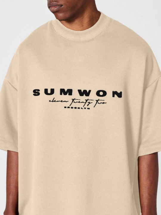 SUMWON Heavyweight Oversized Fit Mock Neck Tee With Flock Front Print