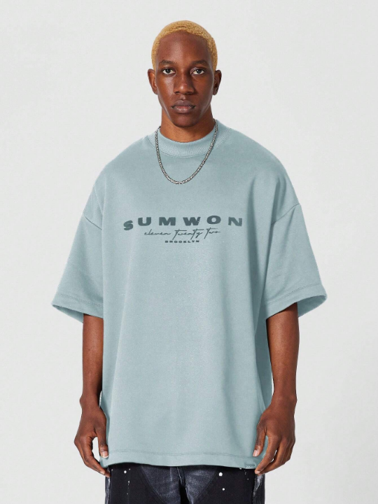 SUMWON Heavyweight Oversized Fit Mock Neck Tee With Flock Front Print