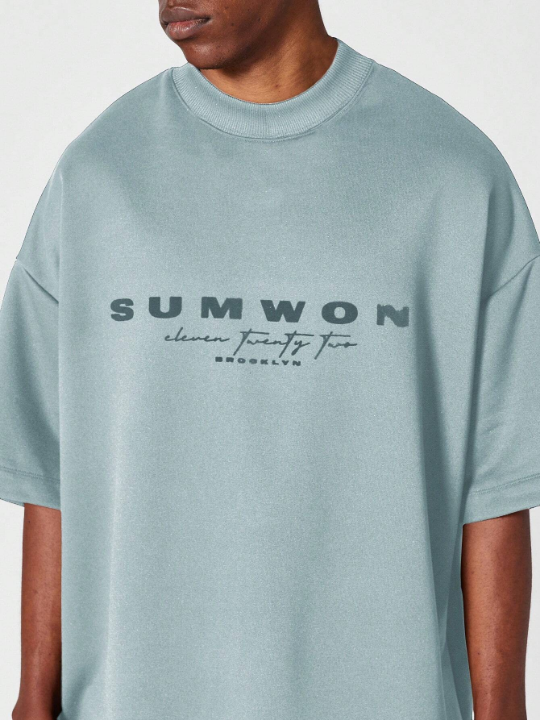 SUMWON Heavyweight Oversized Fit Mock Neck Tee With Flock Front Print