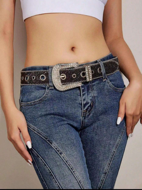 1pc Rhinestone Decorated Metal Ring Buckle Belt, Suitable For Daily Outfits