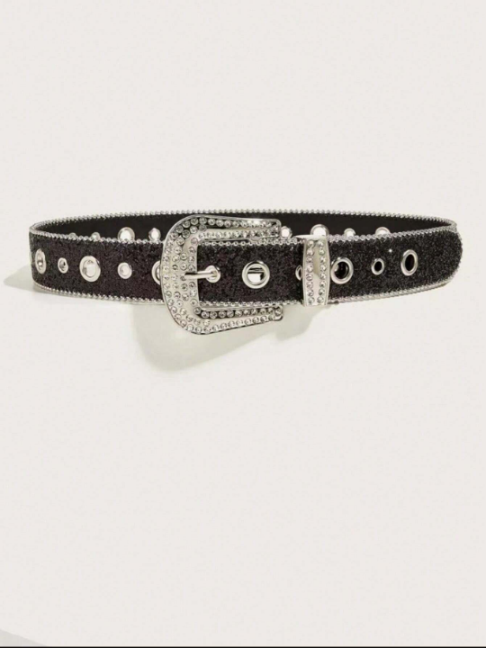 1pc Rhinestone Decorated Metal Ring Buckle Belt, Suitable For Daily Outfits