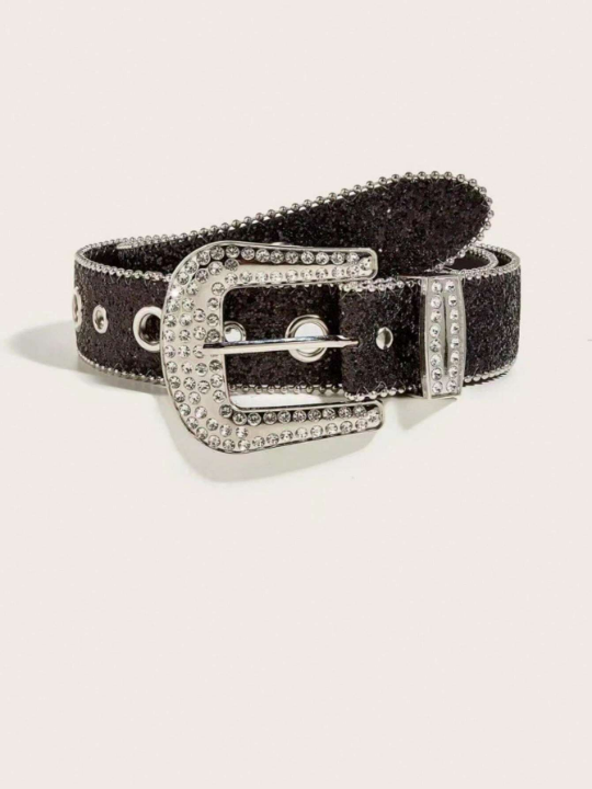 1pc Rhinestone Decorated Metal Ring Buckle Belt, Suitable For Daily Outfits