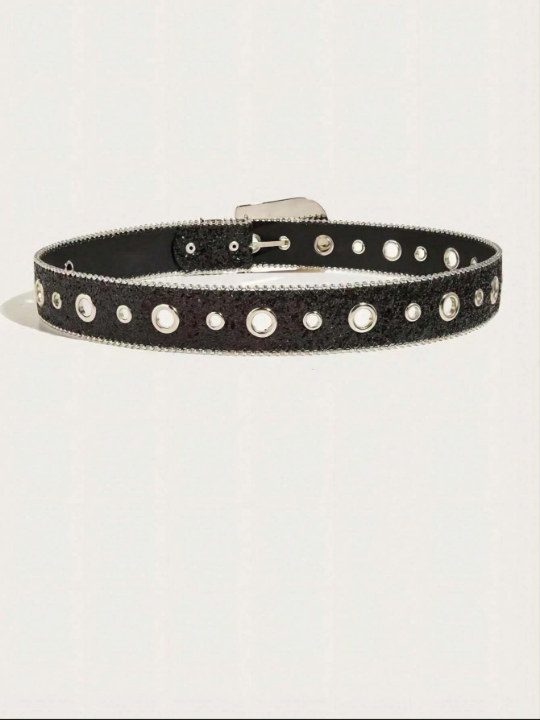 1pc Rhinestone Decorated Metal Ring Buckle Belt, Suitable For Daily Outfits