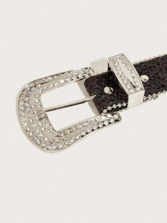 1pc Rhinestone Decorated Metal Ring Buckle Belt, Suitable For Daily Outfits