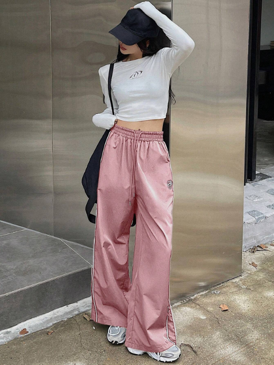 DAZY Drawstring Waist Contrast Side Seam Wide Leg Pants