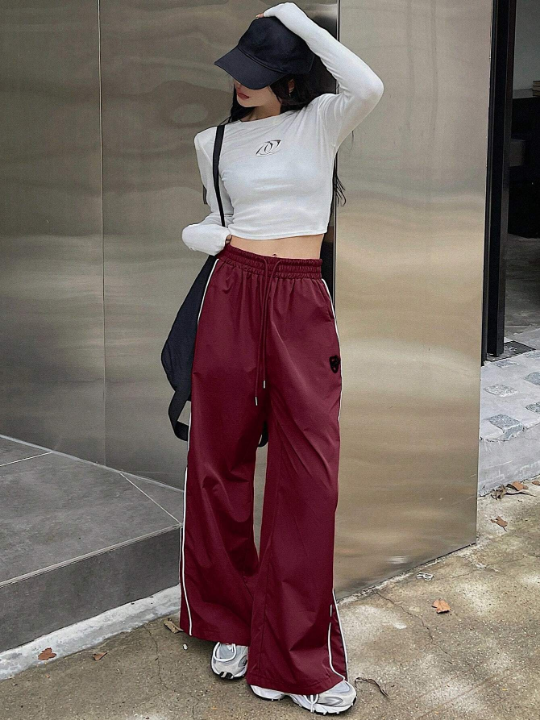 DAZY Drawstring Waist Patchwork Side Slit Wide Leg Pants