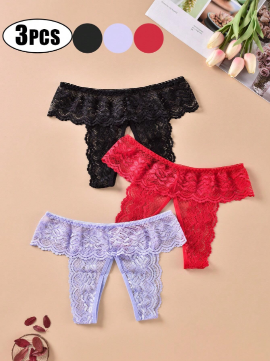 3pcs/Pack Sexy Lace Crotchless Panties