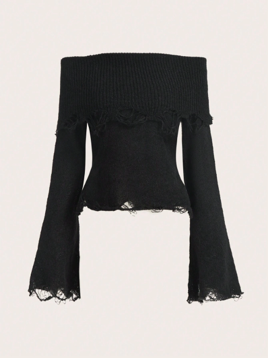 ROMWE Goth Off Shoulder Distressed Sweater