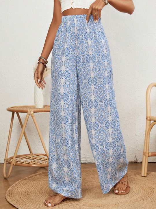 VCAY Printed High Waist Wide Leg Pants With Elastic Waistband