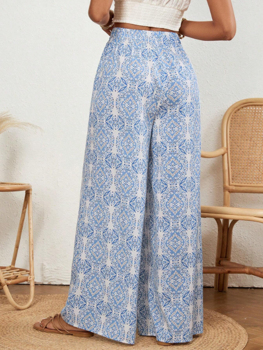 VCAY Printed High Waist Wide Leg Pants With Elastic Waistband