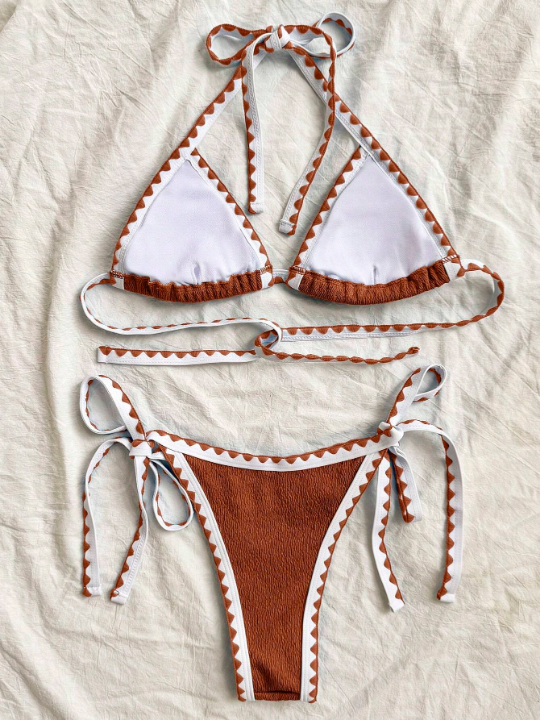 2024 New Arrival Stylish Sexy Bikini Swimsuit With Color Block Design And Tied Straps, 2pcs/Set