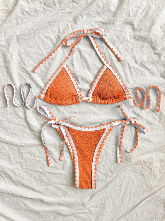 2024 New Design Color-Block V-Neck Halter Bikini Swimwear Set