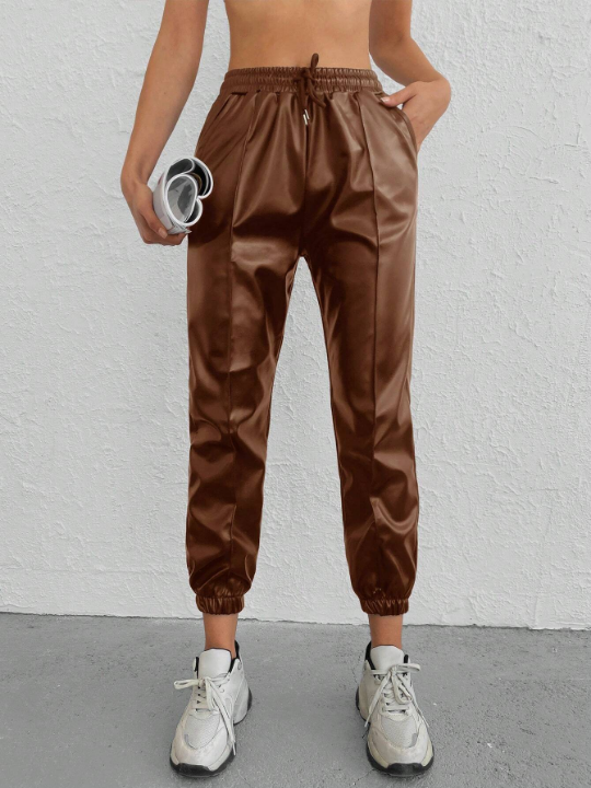 Solid Color Drawstring Elastic Waist Long Pants