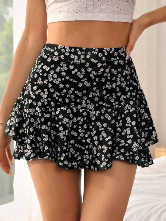 VCAY Ditsy Floral Print Two Layer Beach Summer Hem Mini Skirt