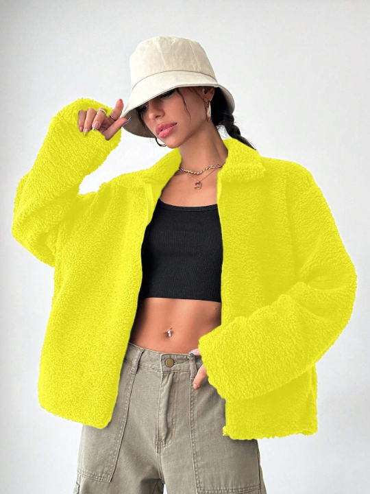 Women's Solid Color Drop Shoulder Fluffy Jacket