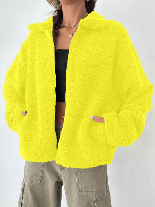 Women's Solid Color Drop Shoulder Fluffy Jacket