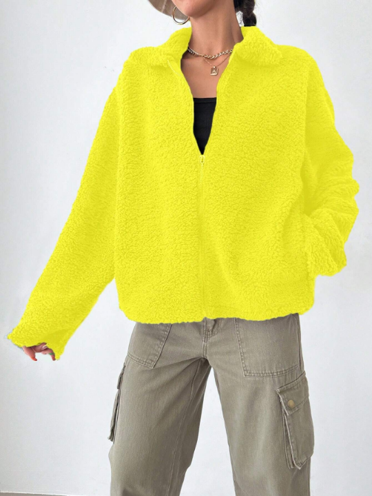 Women's Solid Color Drop Shoulder Fluffy Jacket