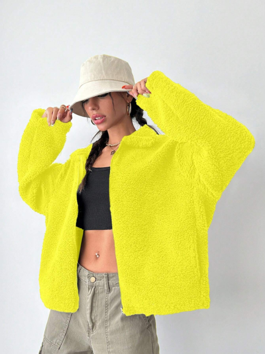 Women's Solid Color Drop Shoulder Fluffy Jacket