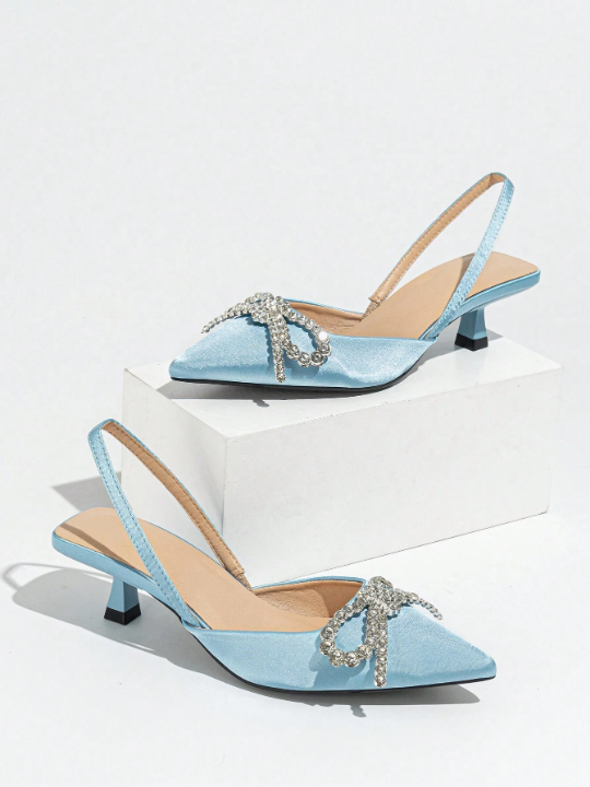 Women's High Heel Shoes With Pointed Toe, Back Strap, Butterfly Rhinestone Decoration And Kitten Heel,Elegant For Party, Gathering, Spring And Summer, Light Blue Satin