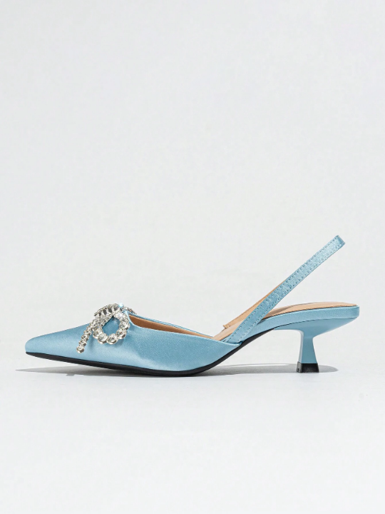 Women's High Heel Shoes With Pointed Toe, Back Strap, Butterfly Rhinestone Decoration And Kitten Heel,Elegant For Party, Gathering, Spring And Summer, Light Blue Satin