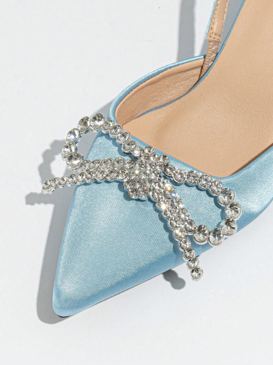 Women's High Heel Shoes With Pointed Toe, Back Strap, Butterfly Rhinestone Decoration And Kitten Heel,Elegant For Party, Gathering, Spring And Summer, Light Blue Satin