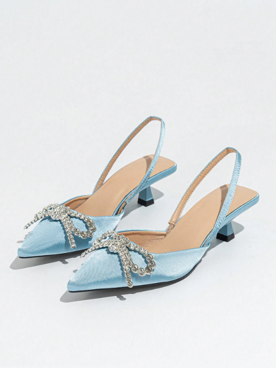 Women's High Heel Shoes With Pointed Toe, Back Strap, Butterfly Rhinestone Decoration And Kitten Heel,Elegant For Party, Gathering, Spring And Summer, Light Blue Satin